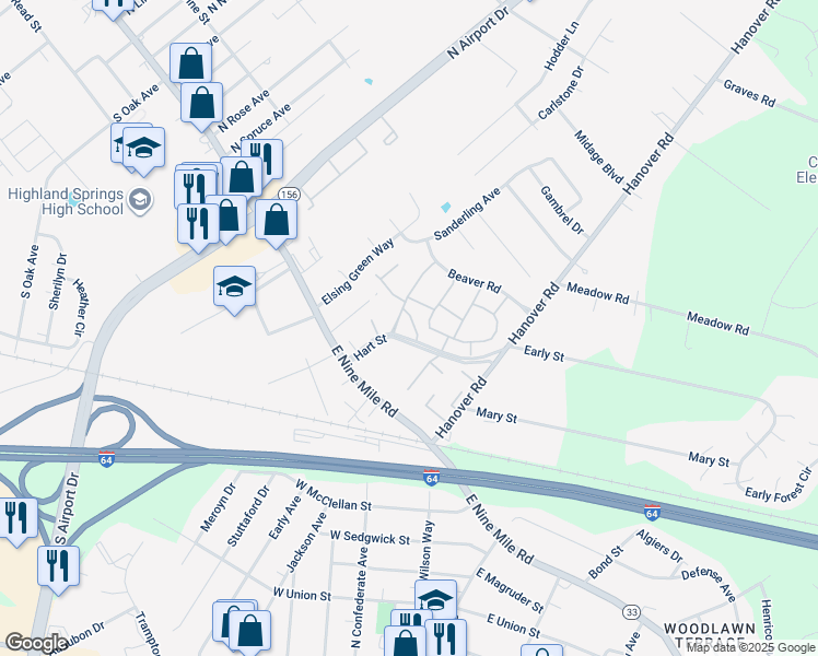 map of restaurants, bars, coffee shops, grocery stores, and more near 204 Cornett Street in Highland Springs