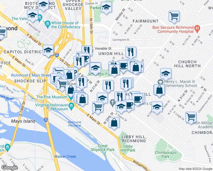 map of restaurants, bars, coffee shops, grocery stores, and more near 2201 East Marshall Street in Richmond