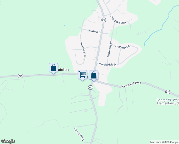 map of restaurants, bars, coffee shops, grocery stores, and more near 8857 Greenwood Blvd in New Kent