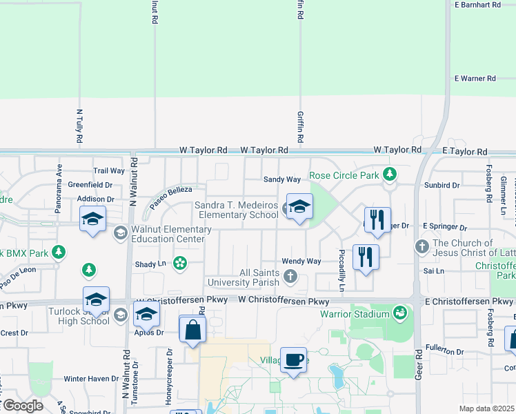 map of restaurants, bars, coffee shops, grocery stores, and more near 991 Ashford Drive in Turlock