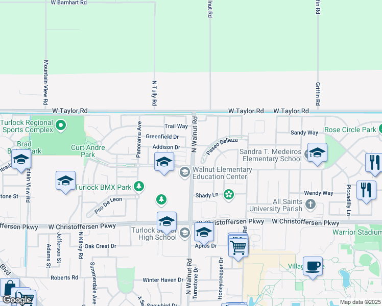 map of restaurants, bars, coffee shops, grocery stores, and more near 4500 Millerton Way in Turlock
