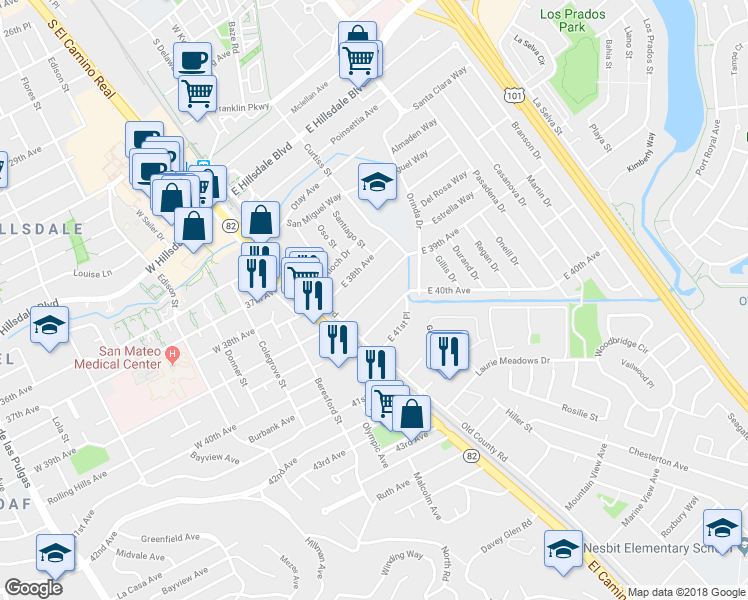 map of restaurants, bars, coffee shops, grocery stores, and more near 67 East 39th Avenue in San Mateo