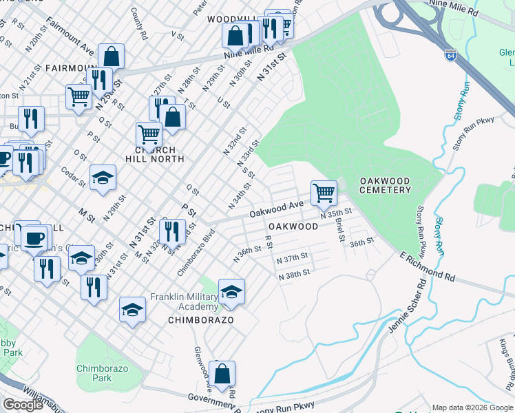 map of restaurants, bars, coffee shops, grocery stores, and more near 3439 S Street in Richmond
