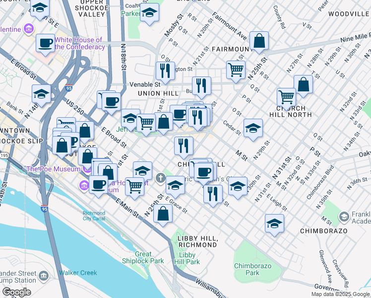 map of restaurants, bars, coffee shops, grocery stores, and more near 508 North 24th Street in Richmond