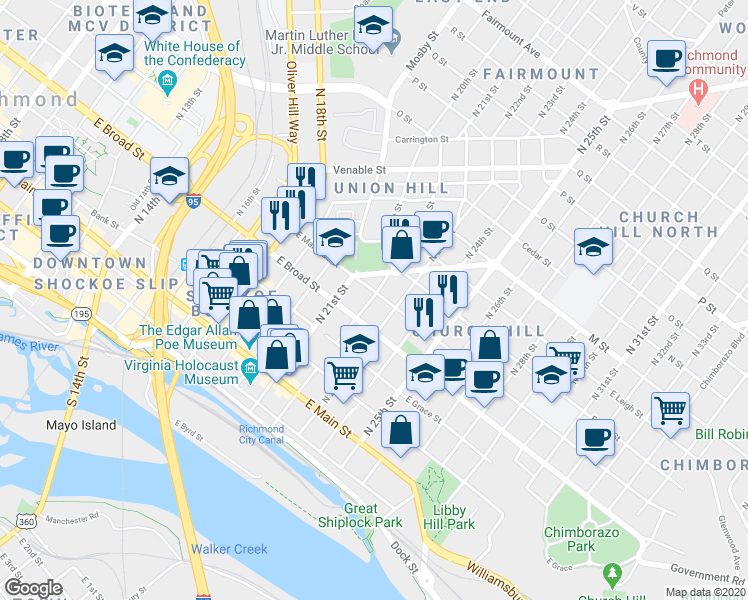map of restaurants, bars, coffee shops, grocery stores, and more near 2107 Jefferson Avenue in Richmond