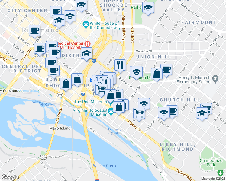 map of restaurants, bars, coffee shops, grocery stores, and more near 1800 East Grace Street in Richmond