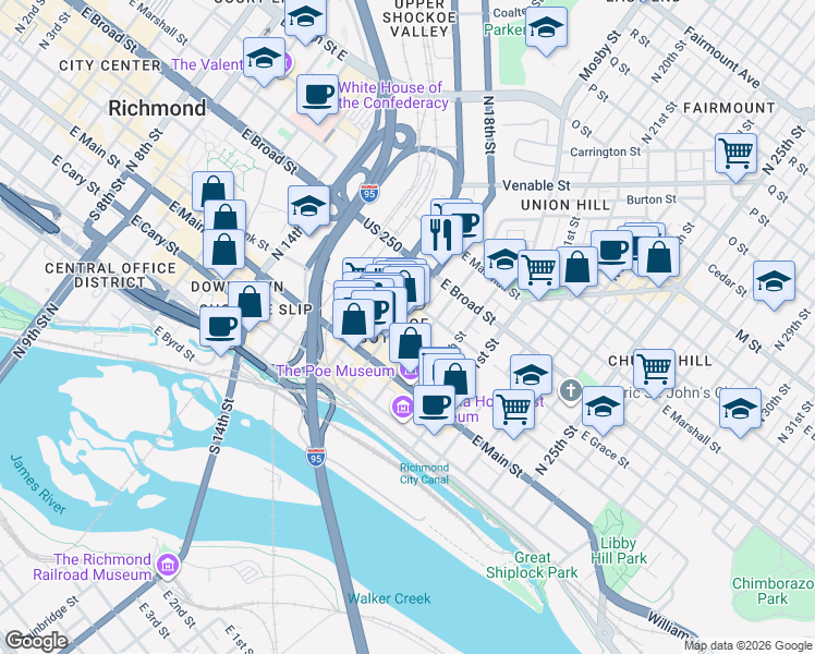 map of restaurants, bars, coffee shops, grocery stores, and more near 1800 East Grace Street in Richmond
