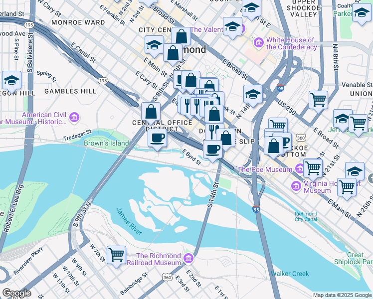 map of restaurants, bars, coffee shops, grocery stores, and more near 265 South 12th Street in Richmond