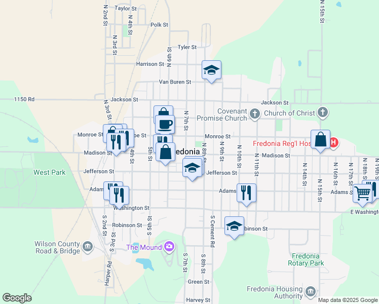 map of restaurants, bars, coffee shops, grocery stores, and more near in Fredonia