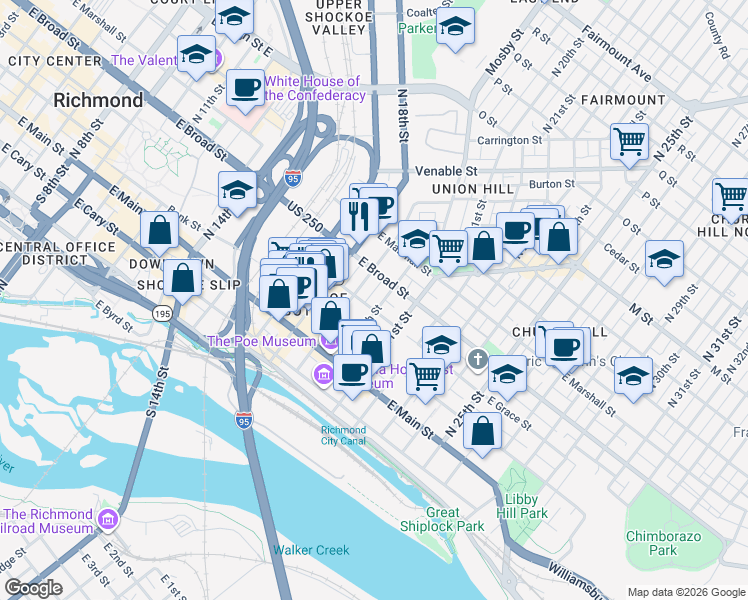 map of restaurants, bars, coffee shops, grocery stores, and more near 1805 East Broad Street in Richmond
