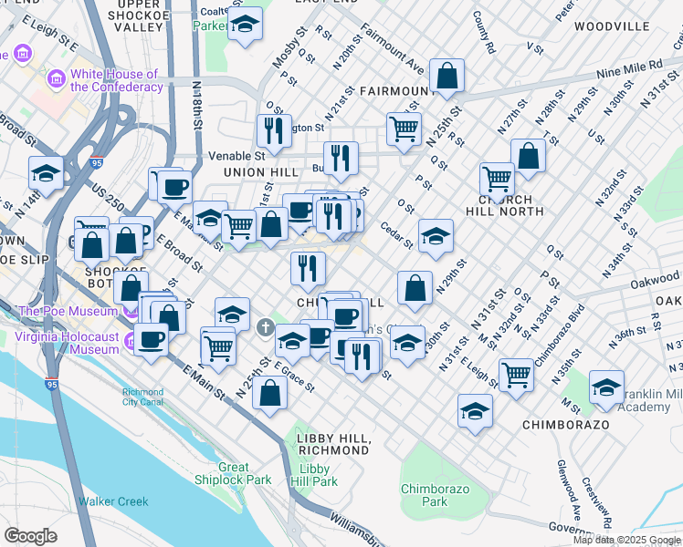 map of restaurants, bars, coffee shops, grocery stores, and more near 517 North 25th Street in Richmond