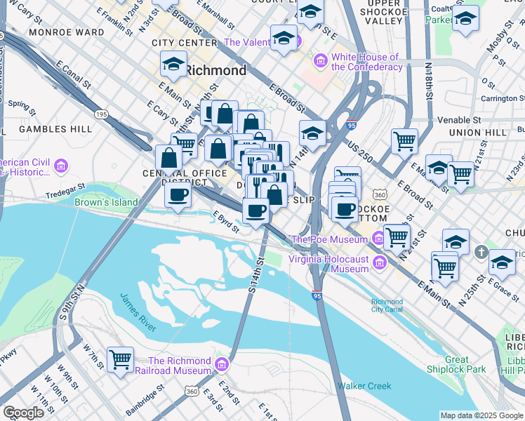 map of restaurants, bars, coffee shops, grocery stores, and more near in Richmond