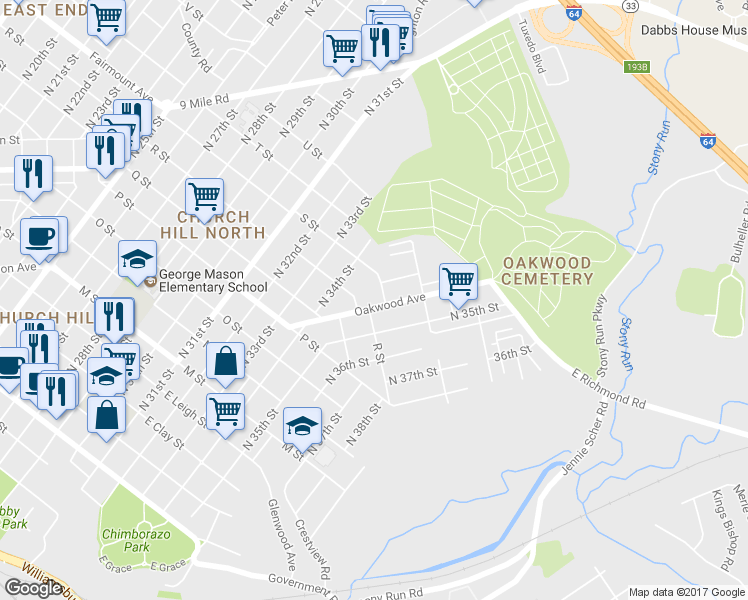 map of restaurants, bars, coffee shops, grocery stores, and more near 1314 Oakwood Avenue in Richmond