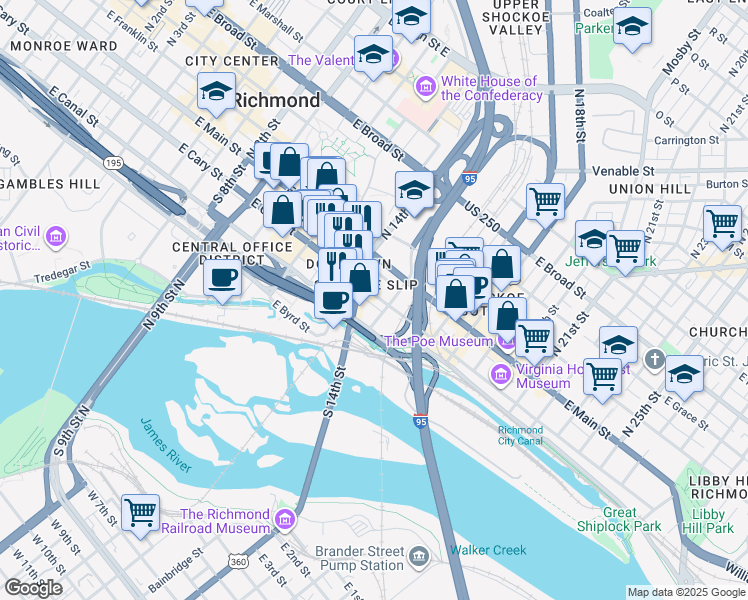 map of restaurants, bars, coffee shops, grocery stores, and more near 1417 East Cary Street in Richmond