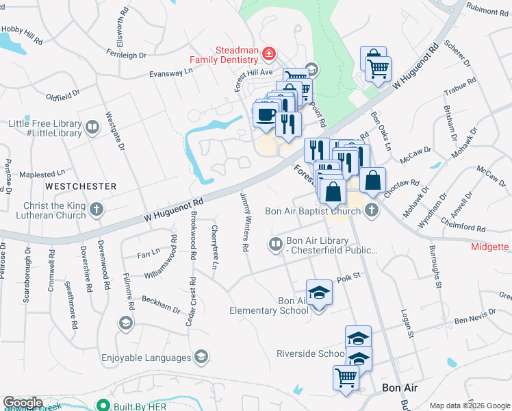 map of restaurants, bars, coffee shops, grocery stores, and more near 2719 Jimmy Winters Road in Richmond