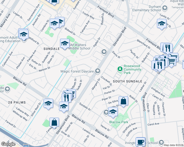 map of restaurants, bars, coffee shops, grocery stores, and more near 4555 Stevenson Boulevard in Fremont