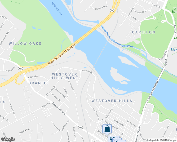 map of restaurants, bars, coffee shops, grocery stores, and more near 5533 Riverside Drive in Richmond