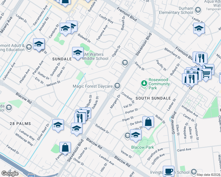 map of restaurants, bars, coffee shops, grocery stores, and more near 4555 Stevenson Boulevard in Fremont