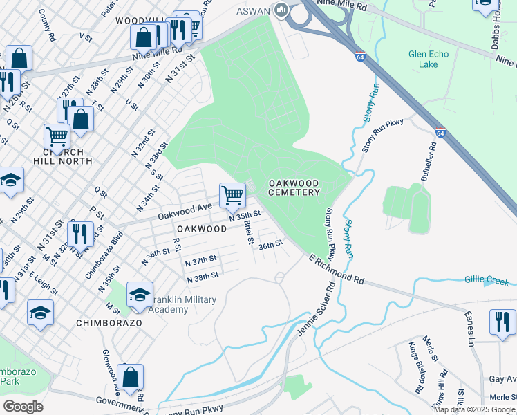 map of restaurants, bars, coffee shops, grocery stores, and more near 1608 North 35th Street in Richmond