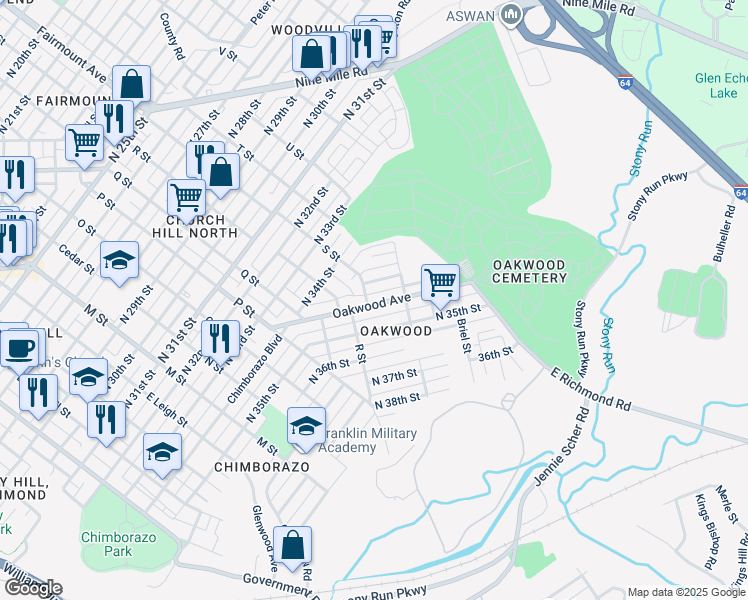 map of restaurants, bars, coffee shops, grocery stores, and more near 1402 Oakwood Avenue in Richmond