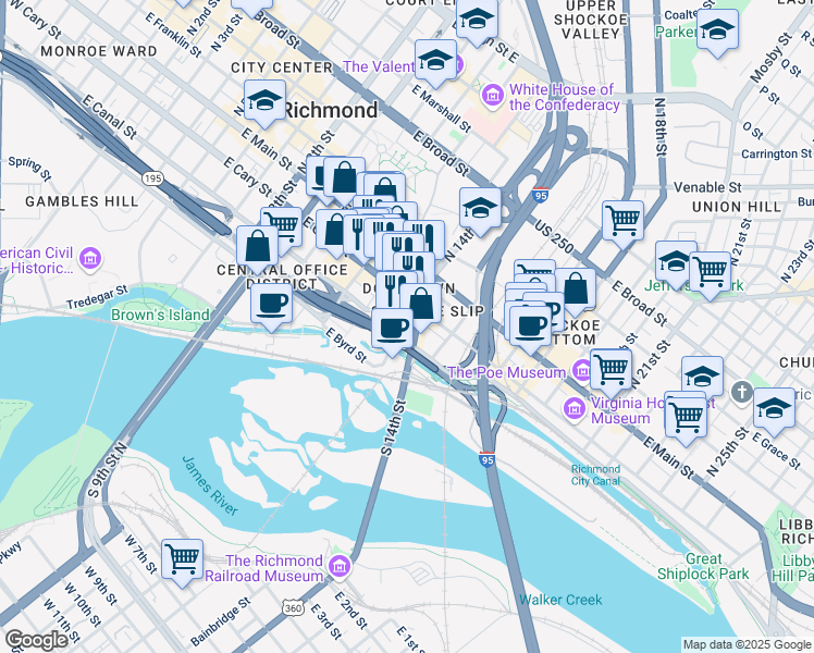 map of restaurants, bars, coffee shops, grocery stores, and more near in Richmond