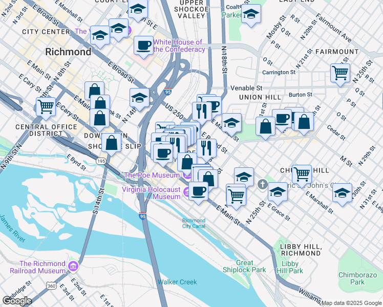map of restaurants, bars, coffee shops, grocery stores, and more near 110 North 19th Street in Richmond