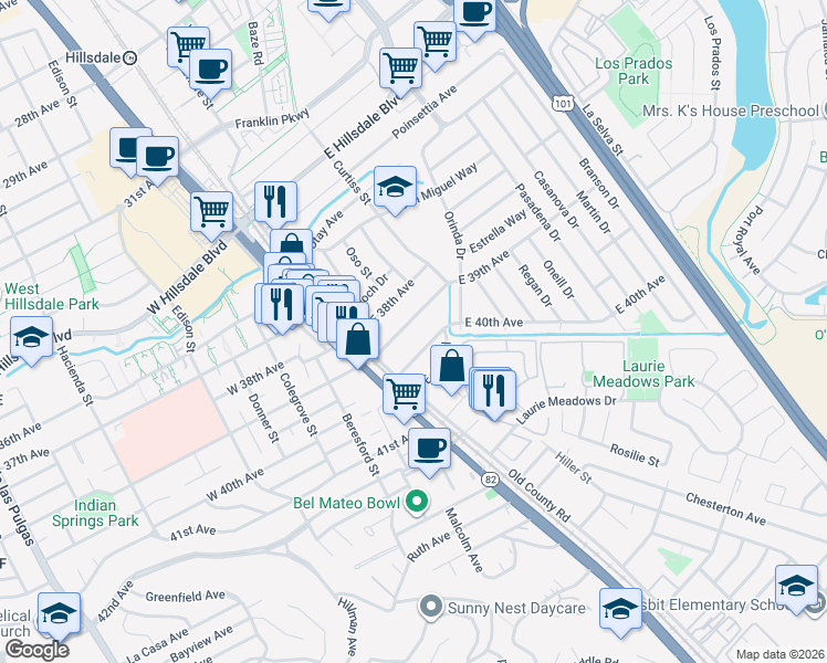 map of restaurants, bars, coffee shops, grocery stores, and more near 58 East 39th Avenue in San Mateo