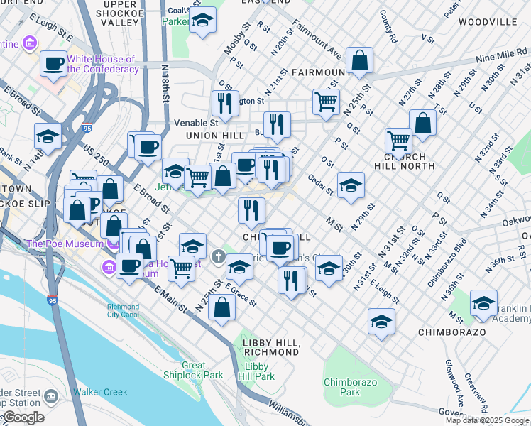 map of restaurants, bars, coffee shops, grocery stores, and more near 600 North 25th Street in Richmond