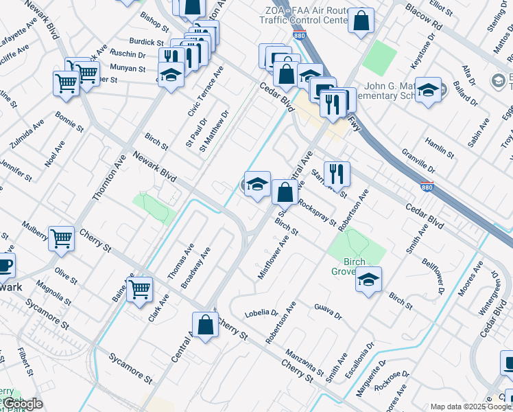 map of restaurants, bars, coffee shops, grocery stores, and more near 37480 Birch Street in Newark