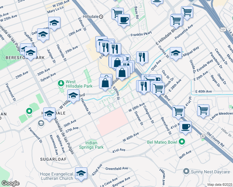 map of restaurants, bars, coffee shops, grocery stores, and more near 3500 Edison Street in San Mateo