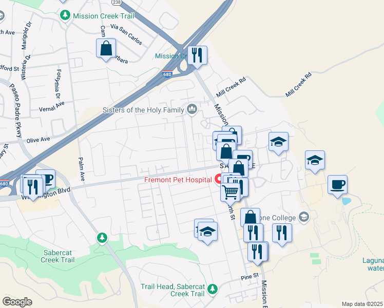map of restaurants, bars, coffee shops, grocery stores, and more near 401 Emerson Street in Fremont
