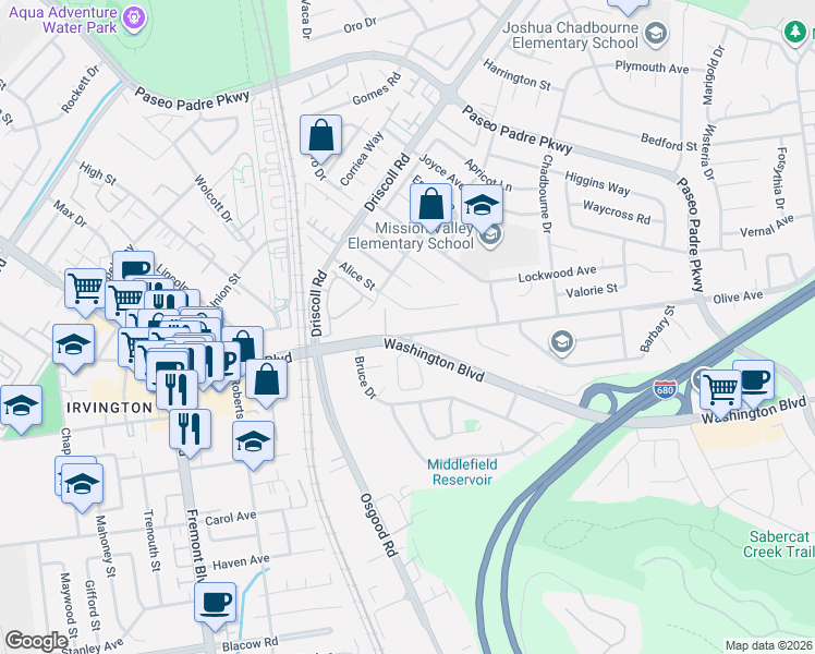 map of restaurants, bars, coffee shops, grocery stores, and more near 2936 Alice Court in Fremont