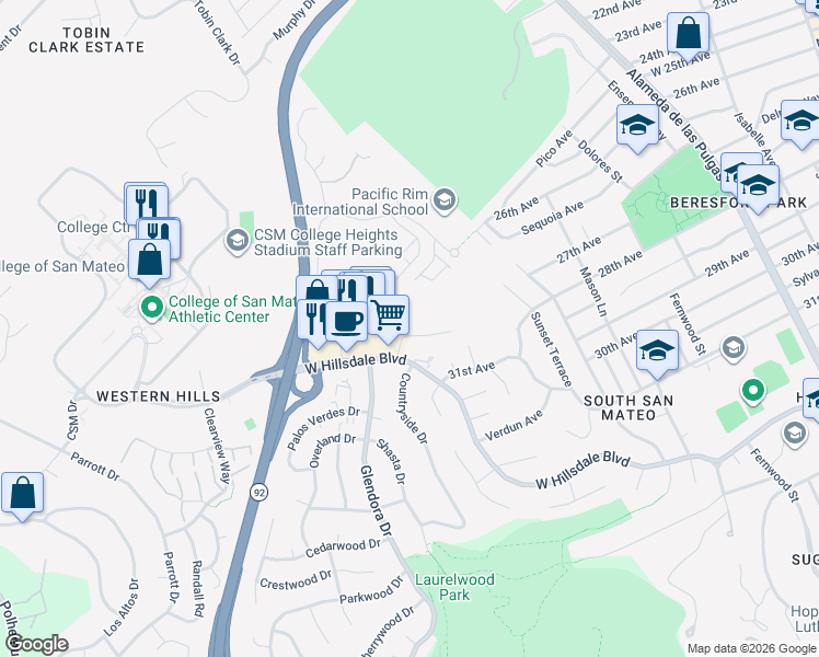 map of restaurants, bars, coffee shops, grocery stores, and more near 10 Scenic Way in San Mateo
