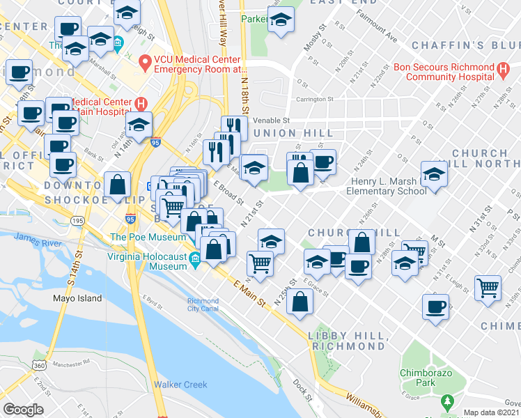 map of restaurants, bars, coffee shops, grocery stores, and more near 304 North 21st Street in Richmond