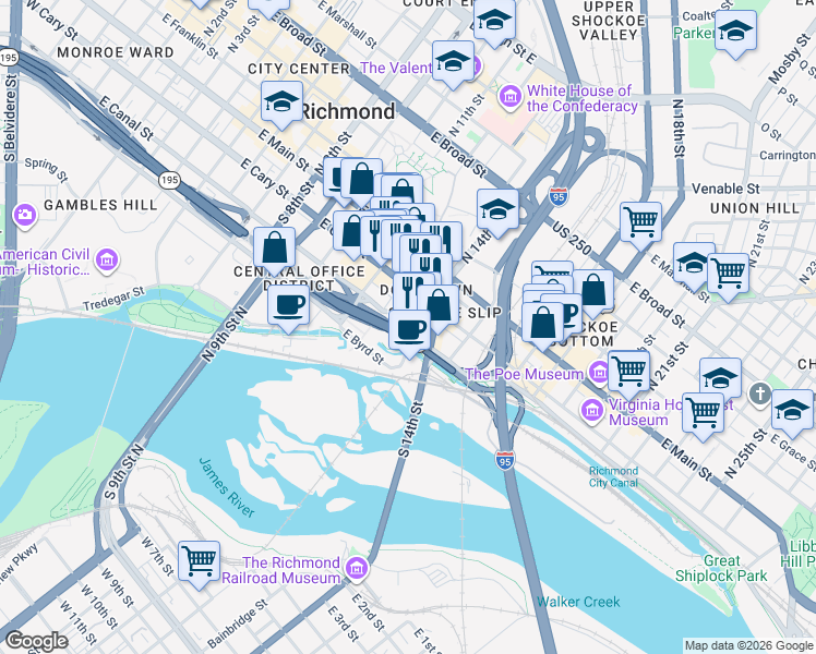 map of restaurants, bars, coffee shops, grocery stores, and more near in Richmond