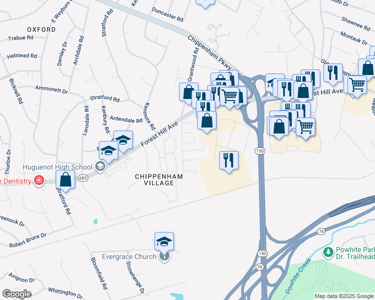 map of restaurants, bars, coffee shops, grocery stores, and more near 7545 Carnaby Court in Richmond