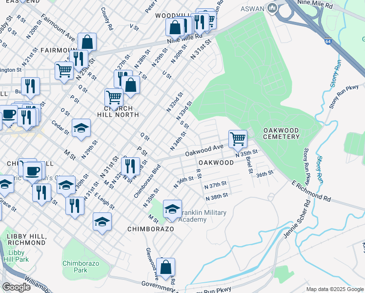 map of restaurants, bars, coffee shops, grocery stores, and more near 3409 R Street in Richmond