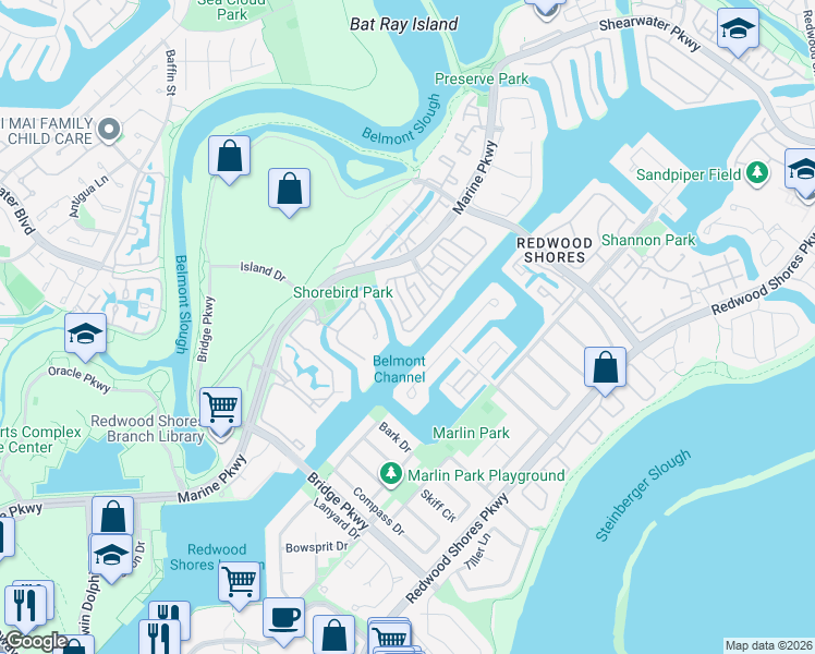 map of restaurants, bars, coffee shops, grocery stores, and more near 741 Newport Circle in Redwood City