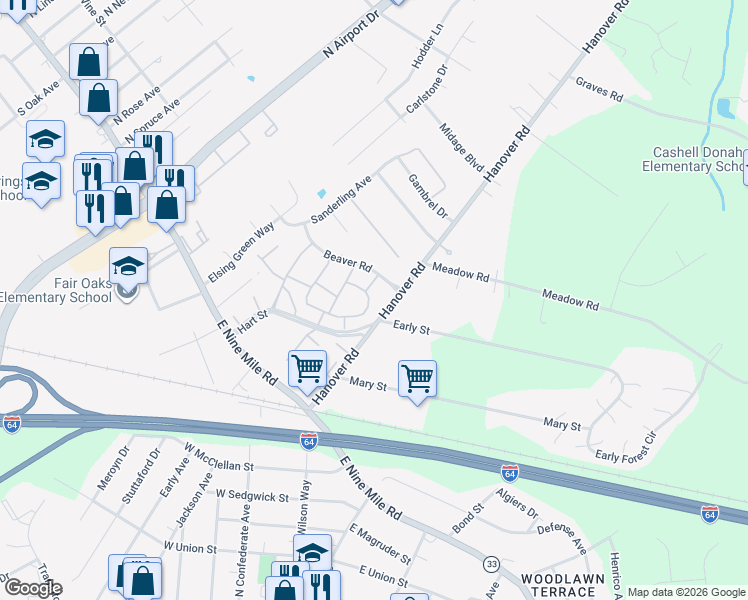 map of restaurants, bars, coffee shops, grocery stores, and more near 406 Adamson Street in Highland Springs