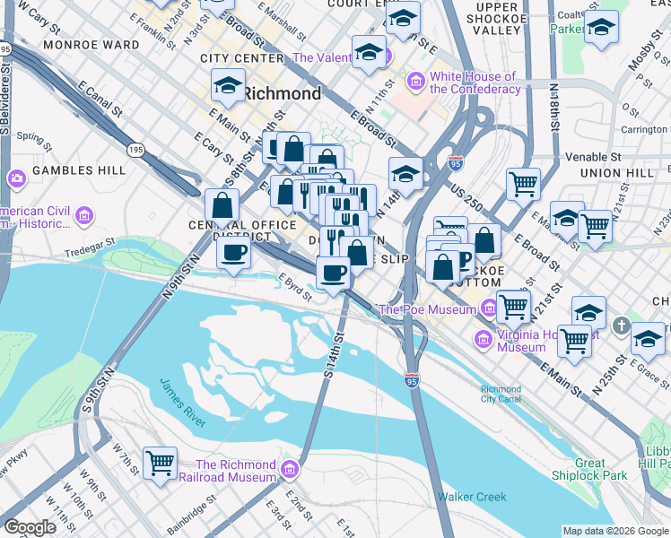 map of restaurants, bars, coffee shops, grocery stores, and more near 114 Virginia Street in Richmond