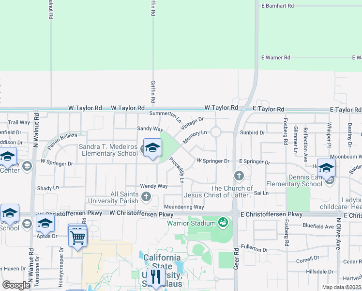 map of restaurants, bars, coffee shops, grocery stores, and more near 651 West Springer Drive in Turlock