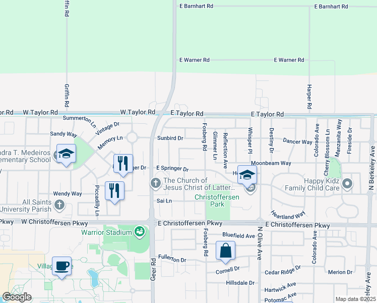 map of restaurants, bars, coffee shops, grocery stores, and more near 348 Leffler Place in Turlock