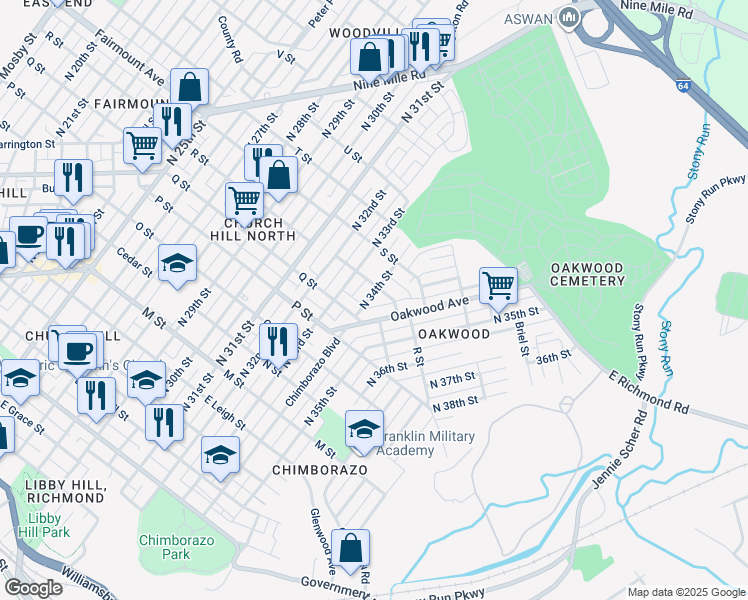 map of restaurants, bars, coffee shops, grocery stores, and more near 1119 North 34th Street in Richmond