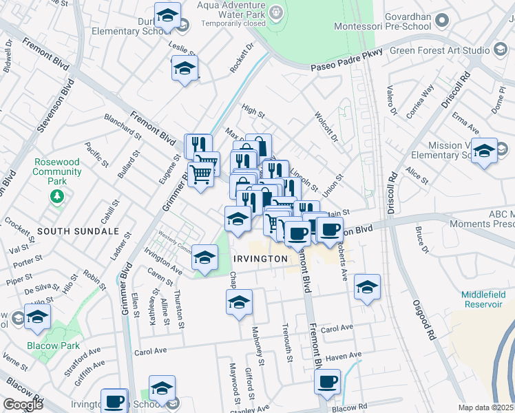 map of restaurants, bars, coffee shops, grocery stores, and more near 40640 Fremont Boulevard in Fremont