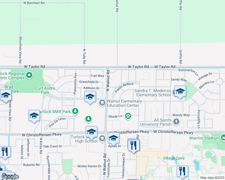 map of restaurants, bars, coffee shops, grocery stores, and more near 1423 Estrella Way in Turlock
