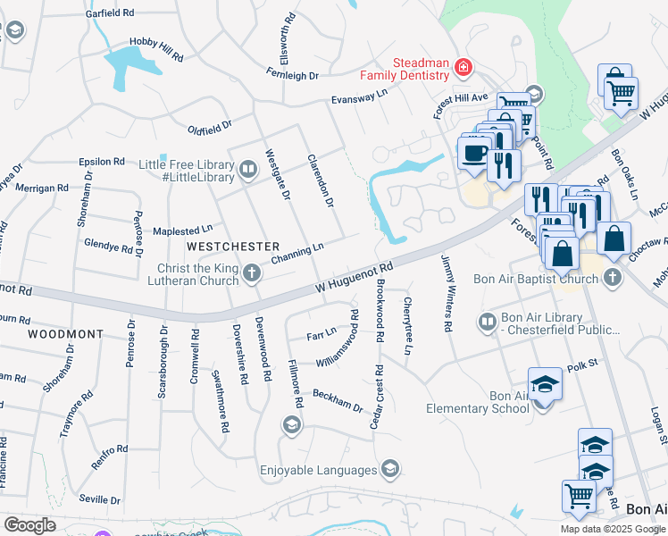 map of restaurants, bars, coffee shops, grocery stores, and more near 9518 West Huguenot Road in Richmond