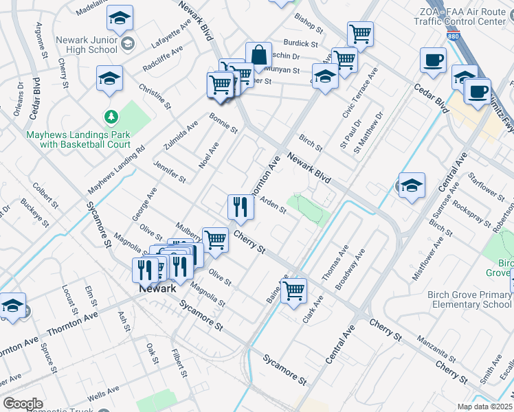 map of restaurants, bars, coffee shops, grocery stores, and more near 6330 Thornton Avenue in Newark