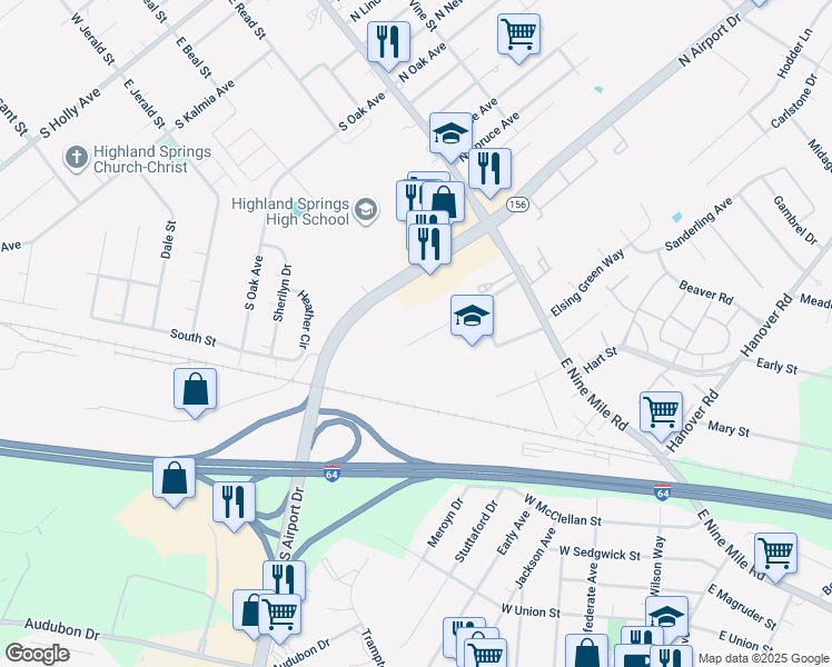 map of restaurants, bars, coffee shops, grocery stores, and more near 258 Jennings Road in Highland Springs