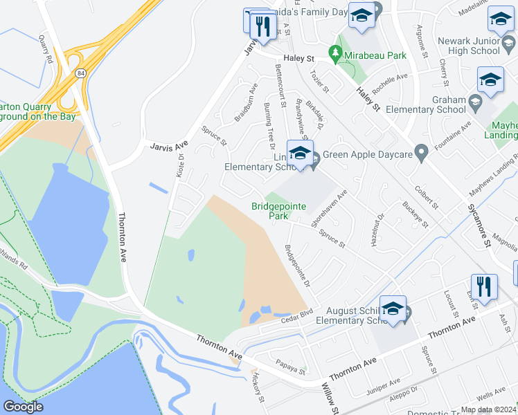 map of restaurants, bars, coffee shops, grocery stores, and more near 8123 Meadowlark Court in Newark