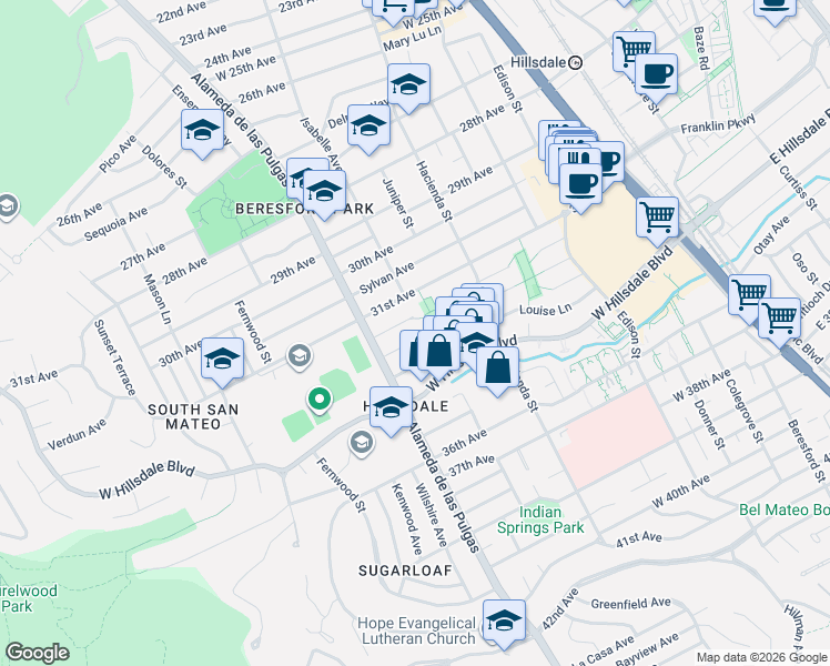 map of restaurants, bars, coffee shops, grocery stores, and more near 406 Heather Lane in San Mateo